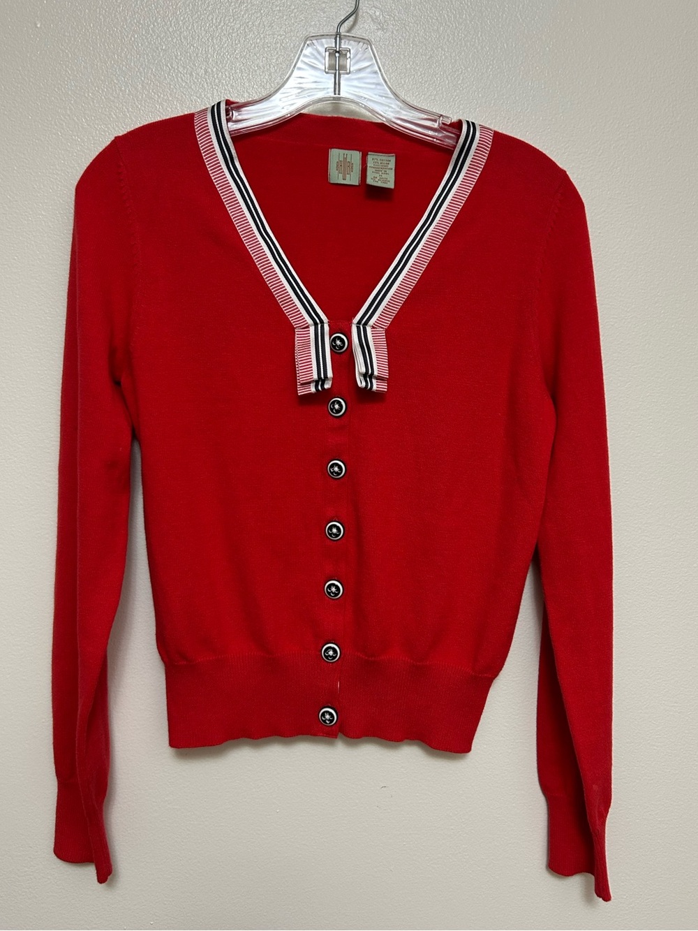 Anthropologie HWR Red with Black & White stripes trim sweater (Medium)